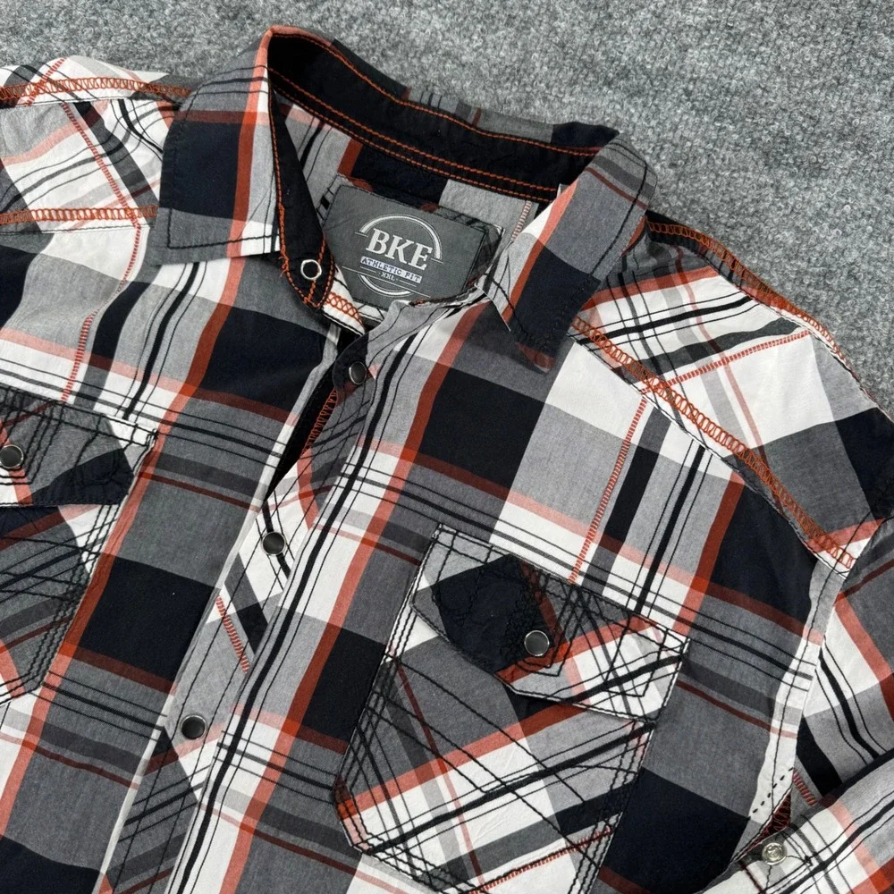 BKE‎ Snap Front Shirt Men XXL Western Plaid Cotton Athletic Fit Black Orange L/S